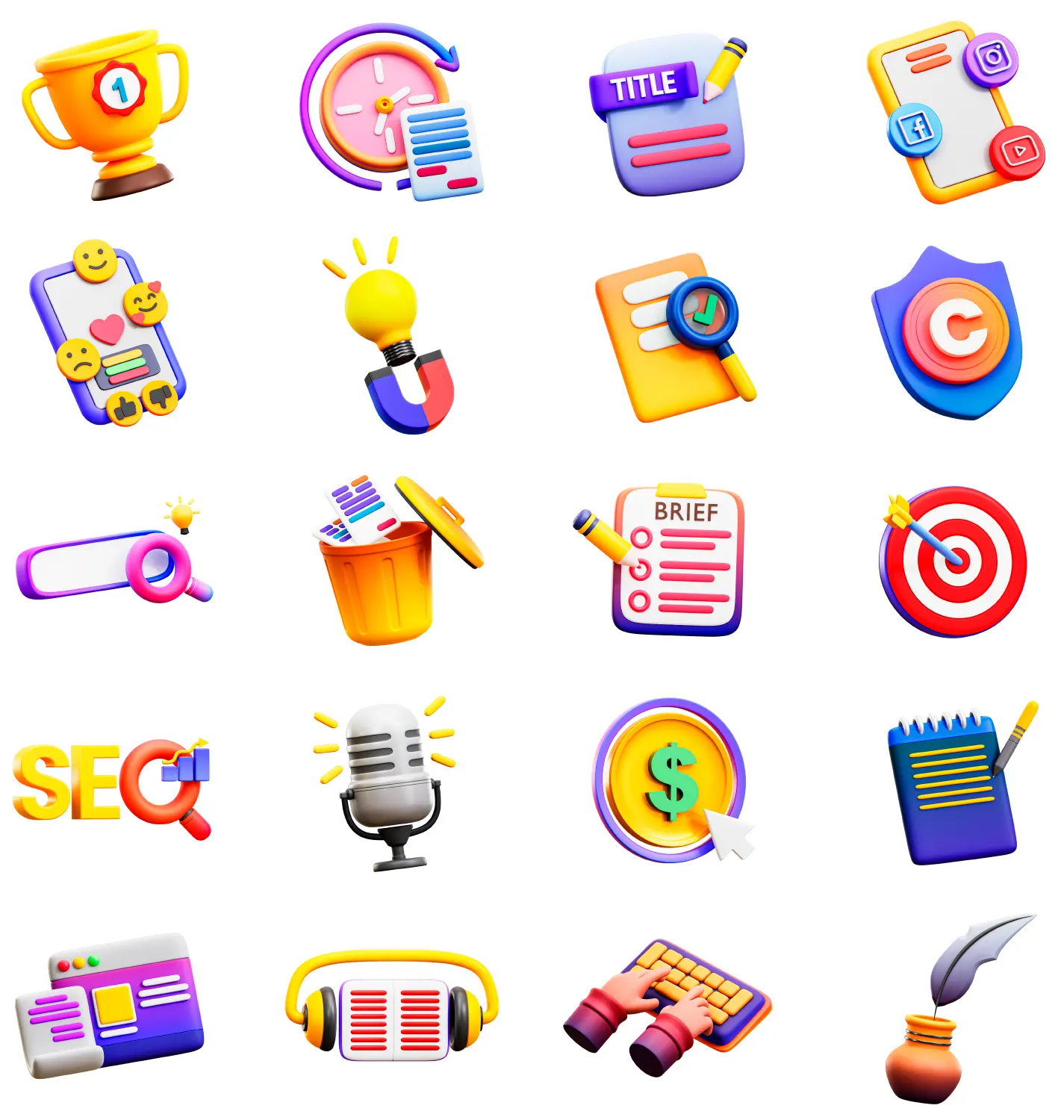 20个包含SEO、PPC、音频、有声书、文案写作与键盘打字等互联网运营场景图标资源，支持多场景替换与动画设计3d Copywriting Icon
