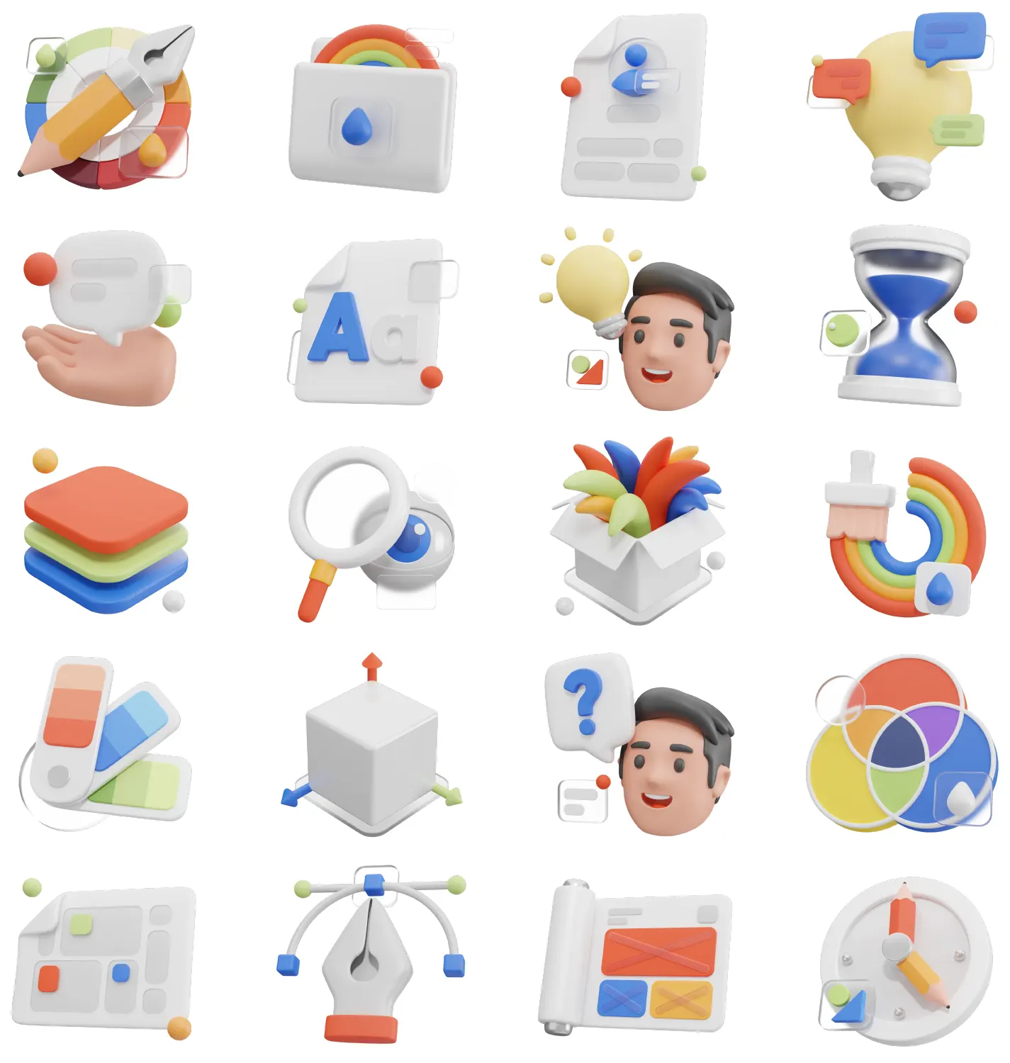 适用于教育课程课件、APP界面、网页按钮、矢量插画、数字艺术、动画分镜、原型线框等20套专业应用场景3D卡通图标UI8 - Graphy - Graphic Design 3D Icon Set
