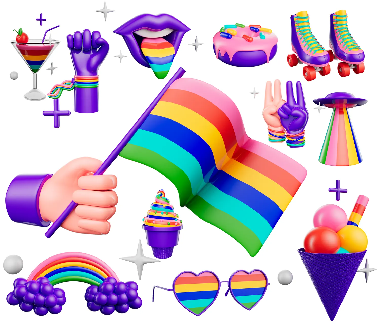 12个节日庆典必用LGBTQ+彩虹标志卡通3D模型包，多格式兼容专业设计师资源LGBT 3D Illustration Pack