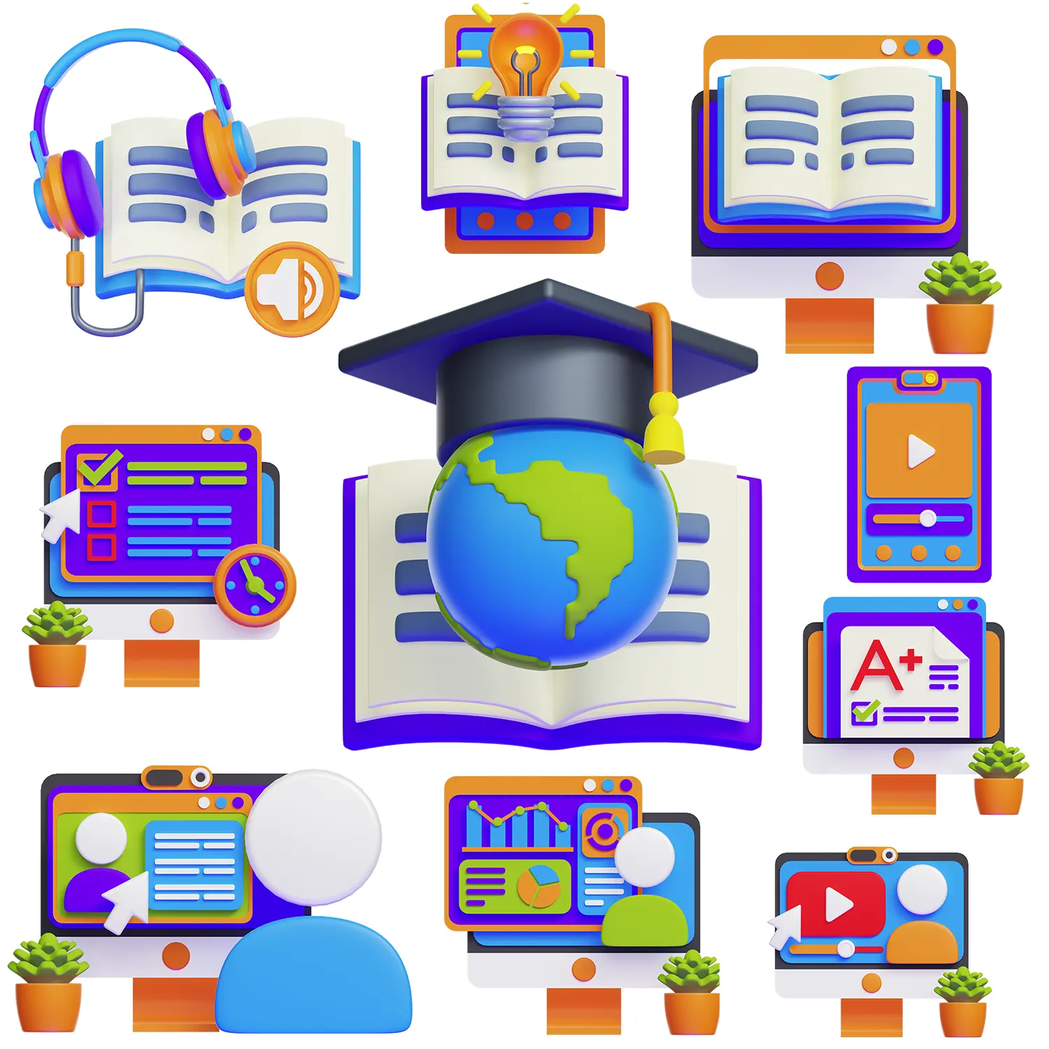 支持多终端兼容与自定义材质的E-Learning网络课程3D图标资源-10个丰富元素高度细致还原E-Learning 3D Icon Pack