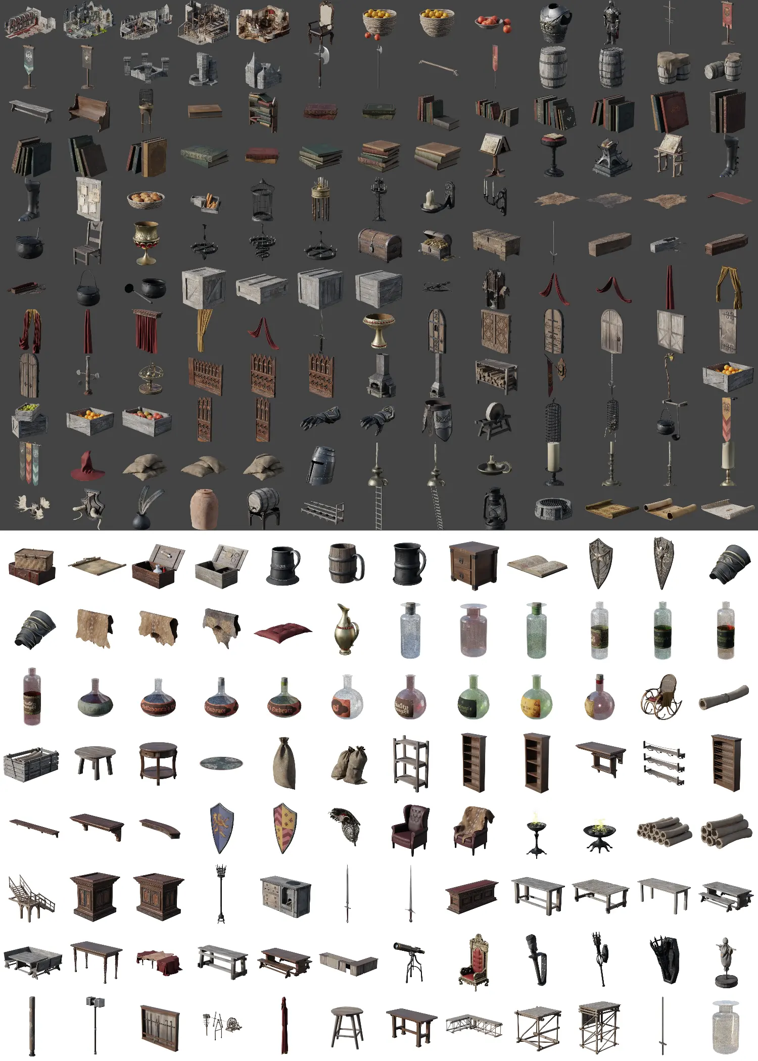 奇幻风格圣骑士兵器库酒馆巫师实验室等3D单体模型_C4D/Blender/OBJ/UE全平台兼容_高质量资源推介KitBash3D – Enchanted Interiors