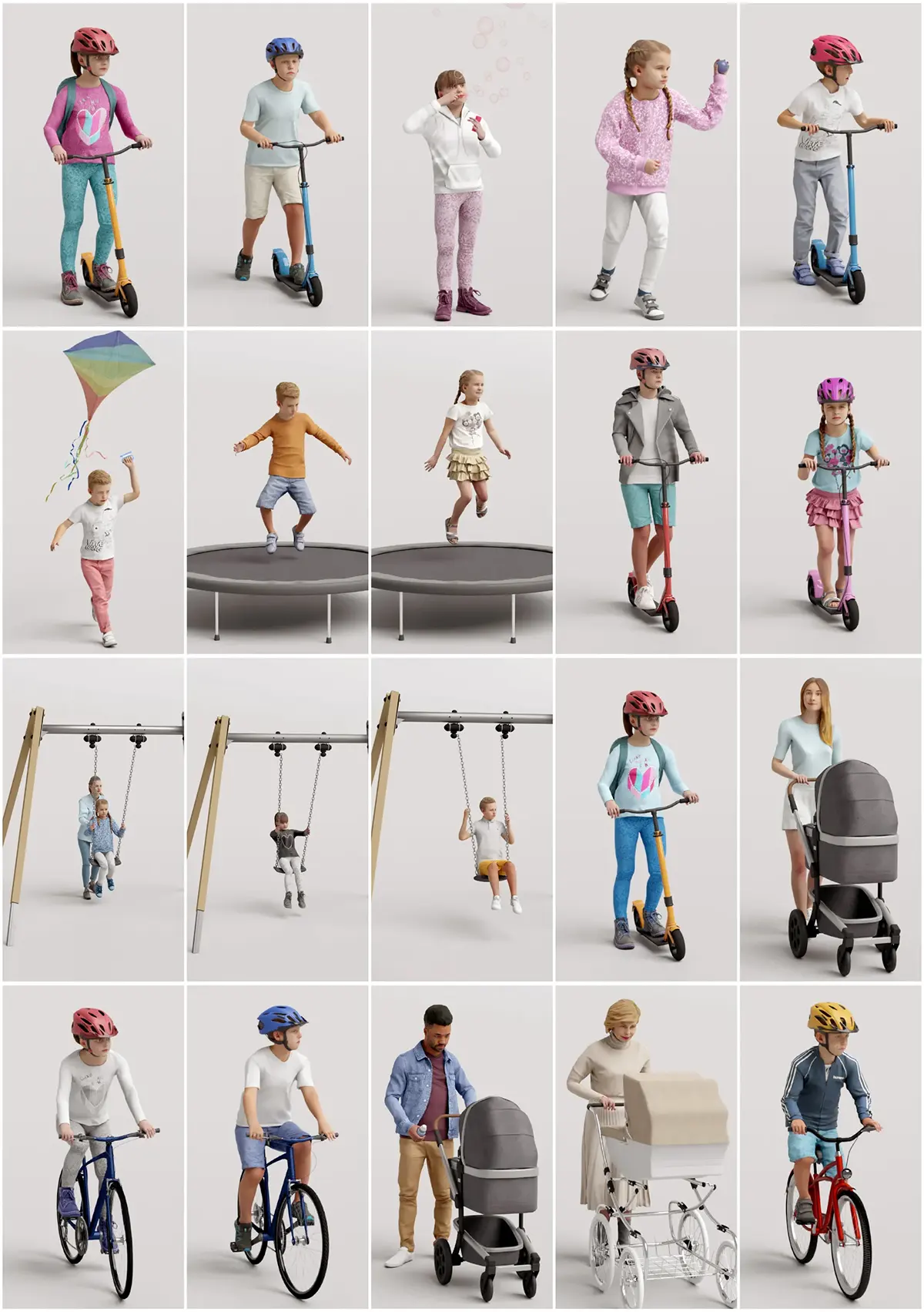 适用于C4D/OBJ/Blender的高精度儿童三维模型包,丰富动作与配色助力建筑可视化表现Humano - Vol.10 Kids