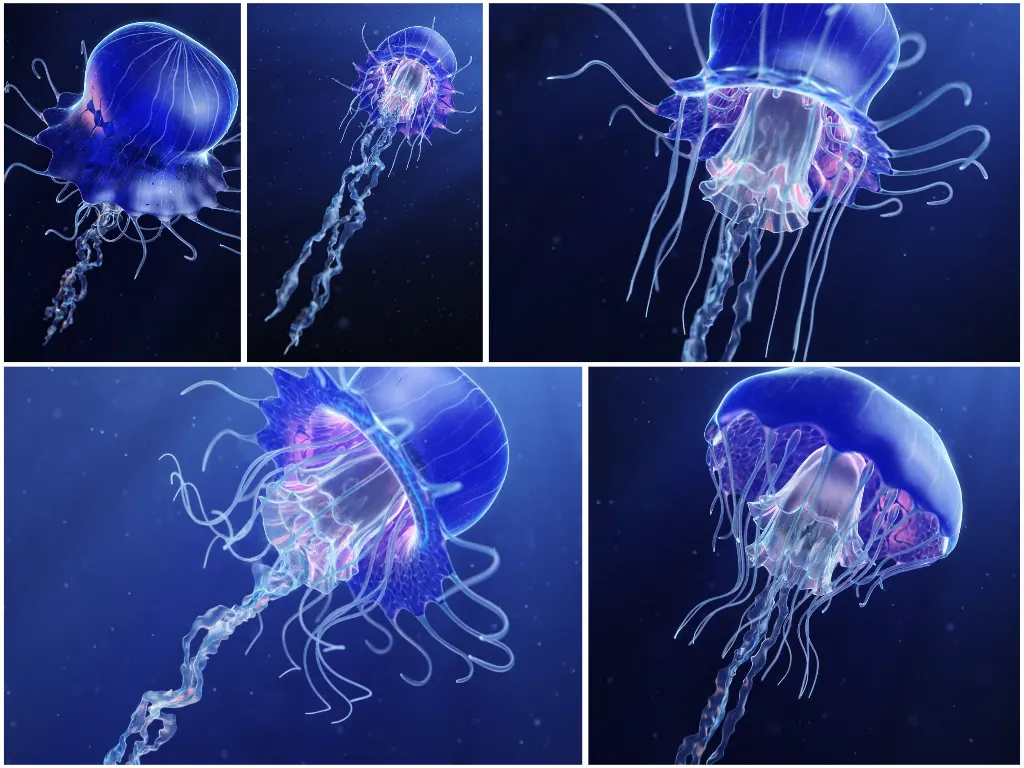 拟真水母3D模型含自然游动动画高质量贴图适合CG电影制片与虚拟水族馆展示3D animated jellyfish model