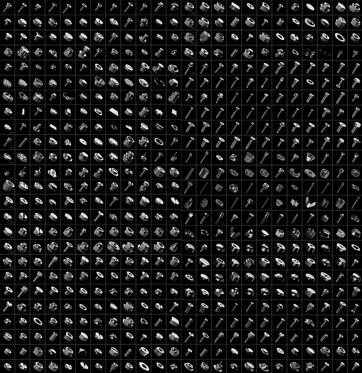 支持XPresso尺寸调节的多种螺丝螺母3D模型,含十字内六角外六角及特殊头型600个螺丝免费下载Screw 3D model