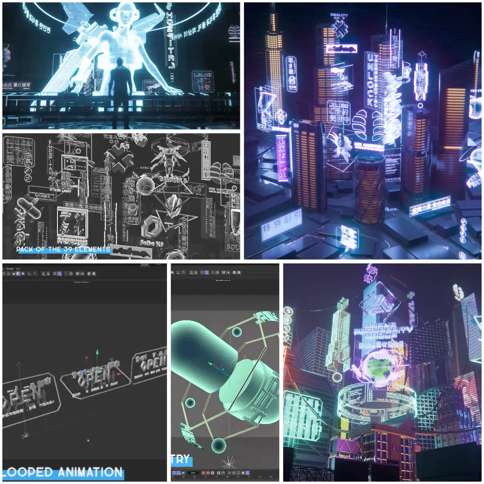 赛博朋克全息C4D动画模型预设Cyberpunk Hologram Pack [Cinema 4D/Xpresso]