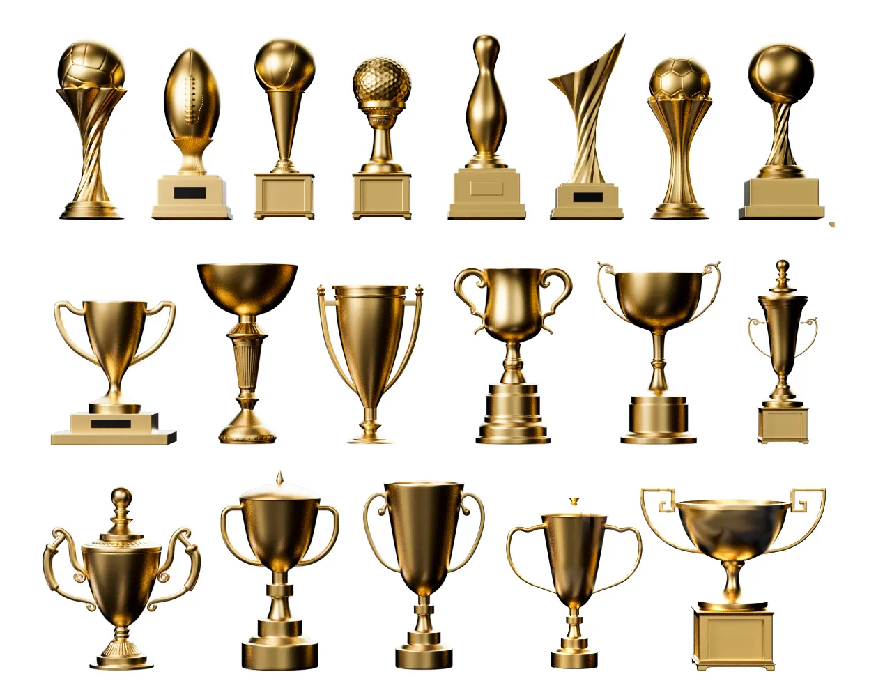 多风格金属质感三维奖杯素材精细建模适配影视广告游戏虚拟现实等数字内容平台3D model of golden honor trophy