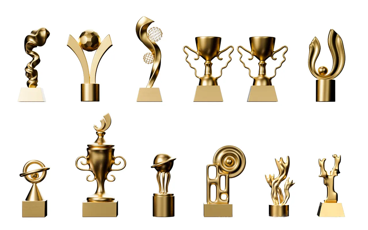 12个高质量个性化金属奖杯3D模型库，用于数字动画渲染、游戏开发和企业荣誉展示3D model of golden honor trophy