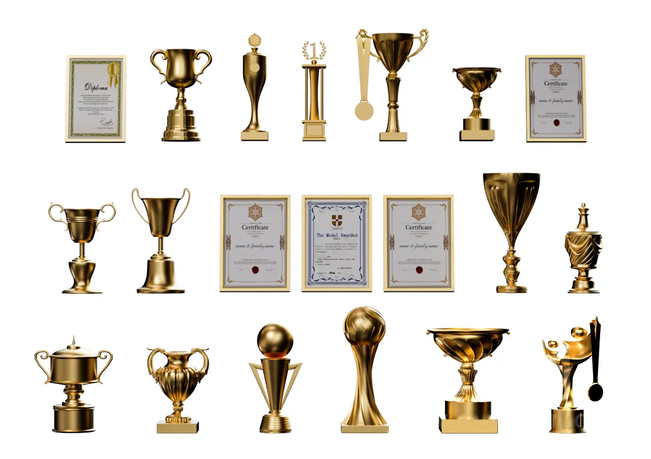 20个运动竞赛企业表彰荣誉庆典专用奖杯3D模型资源包附带多框架证书模板支持定制3D model of golden honor trophy