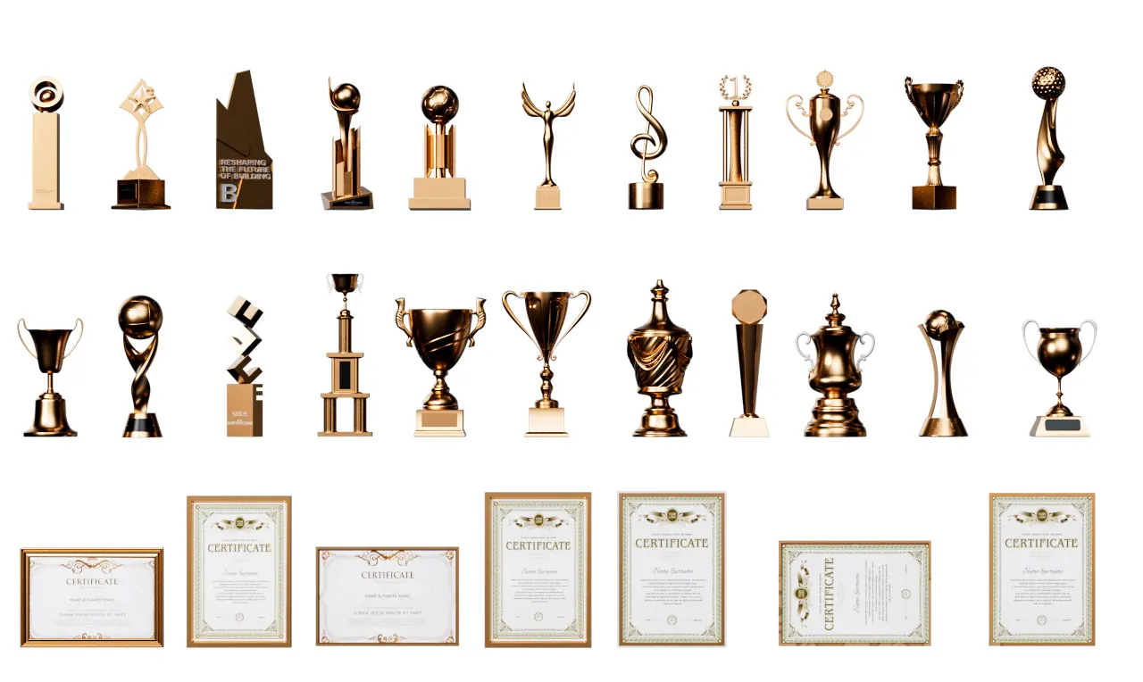 支持C4D、FBX、OBJ三格式29个高质量3D奖杯模型资源包，适合游戏、展示与教育数字应用3D model of golden honor trophy