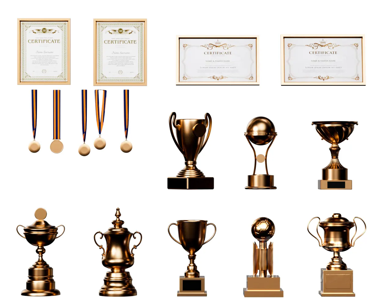 八种特色荣誉奖杯五枚奖牌四种证书超全合集，兼容主流三维软件，完美呈现专业颁奖氛围3D model of golden honor trophy