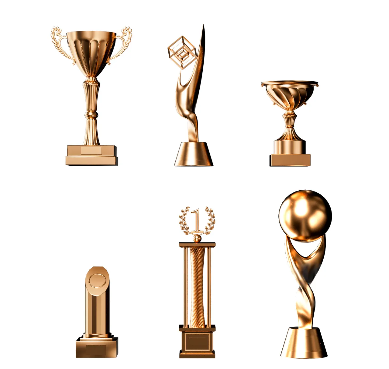适合企业荣誉表彰及团队竞赛的六种风格3D奖杯模型文件，免费下载精细还原造型3D model of golden honor trophy