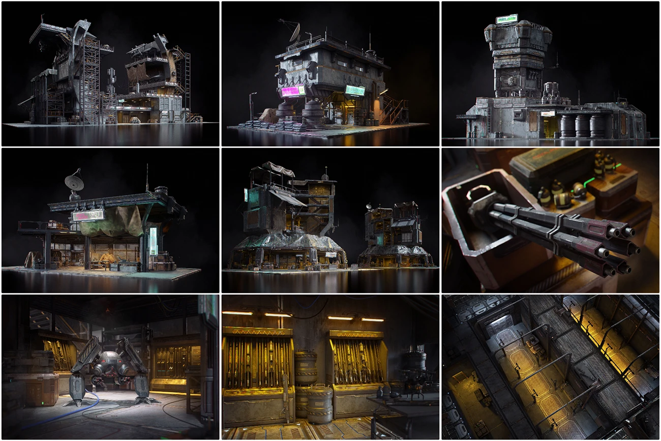 战乱世界黑市交易站3D模型套装包含堡垒工厂市场及完整室内外场景装饰元素Kitbash3D - Black Market