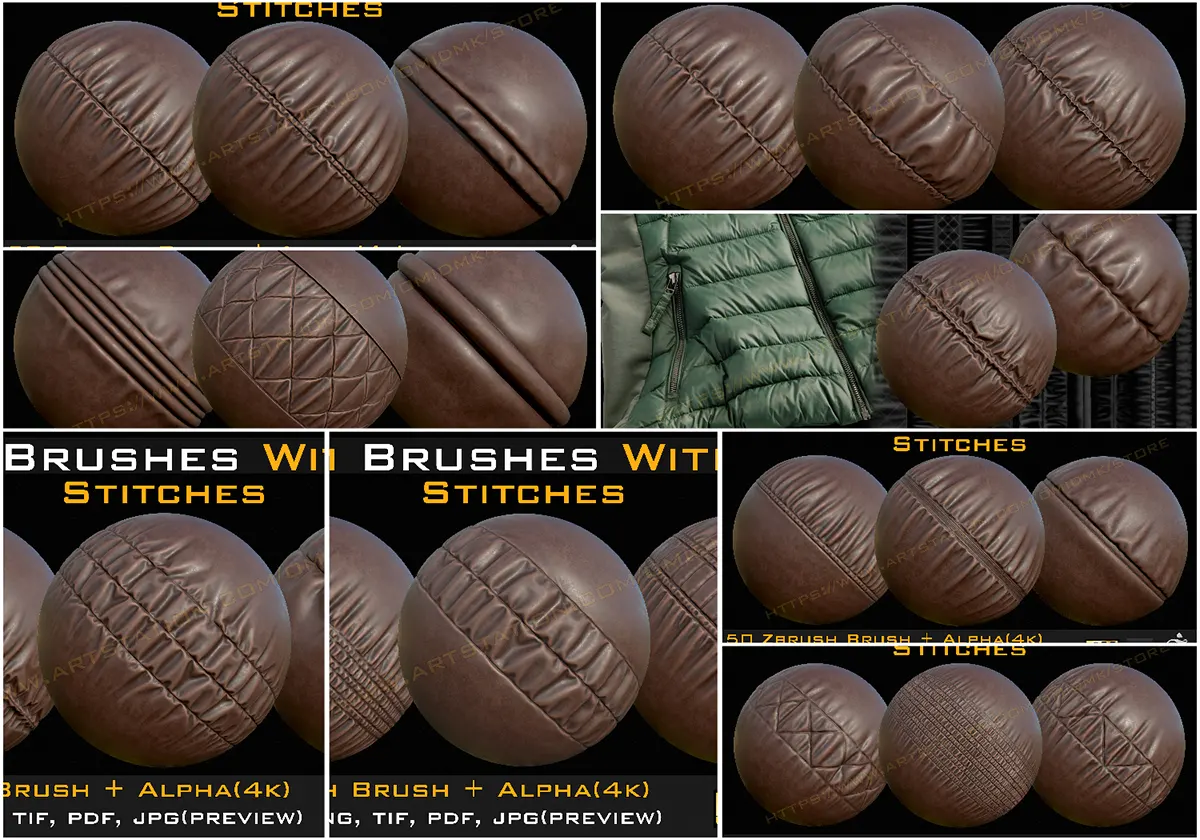 Artstation 50组ZBrush 4K羽绒服无缝缝线笔刷预设50 Seam Brushes Without Stitches