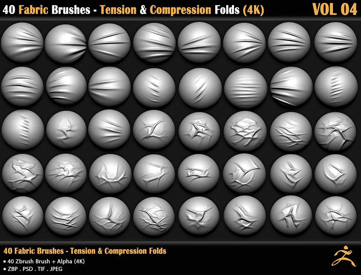 Artstation 40组ZBrush+Substance夹克牛仔布料张力褶皱笔刷材质预设40 Fabric Brushes - Tension & Compression Folds