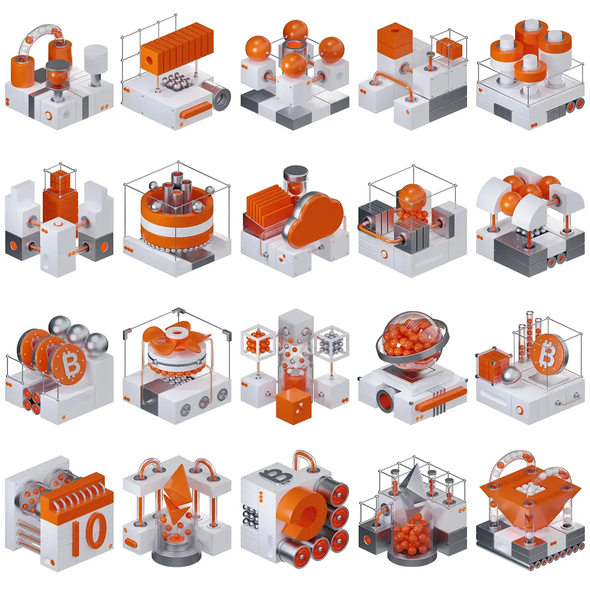 融合区块链比特币以太坊图标及数据处理核心设备的高品质3D模型，满足多种数字金融与技术演示需求  